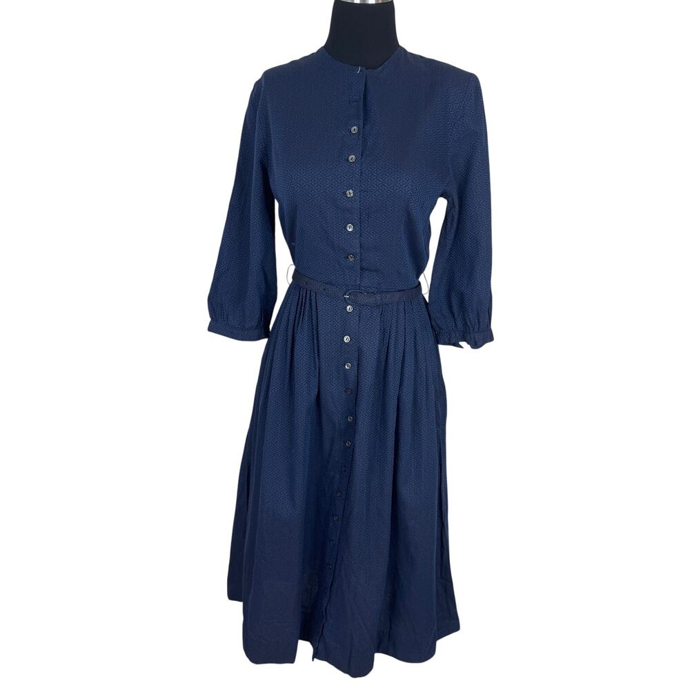 Vintage 1940s Vicky Vaughn Blue Geometric Day Dress WWII Shoulder Pads w Belt
